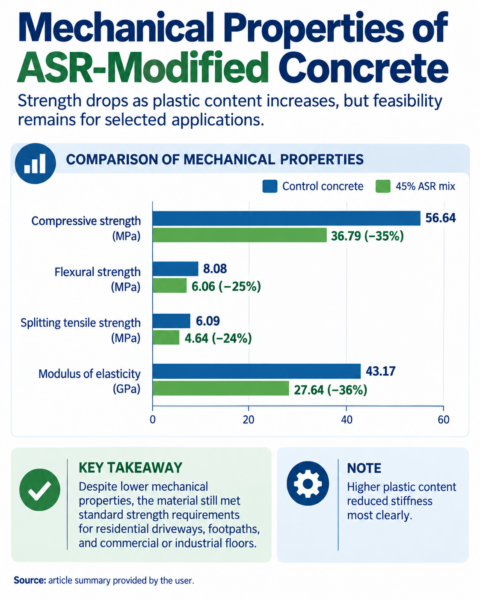 Mechanical testing showed that ASR-modified concrete had lower strength and stiffness than control concrete, but still met requirements for selected infrastructure applications. Credit: Plastics Engineering- generated with AI.