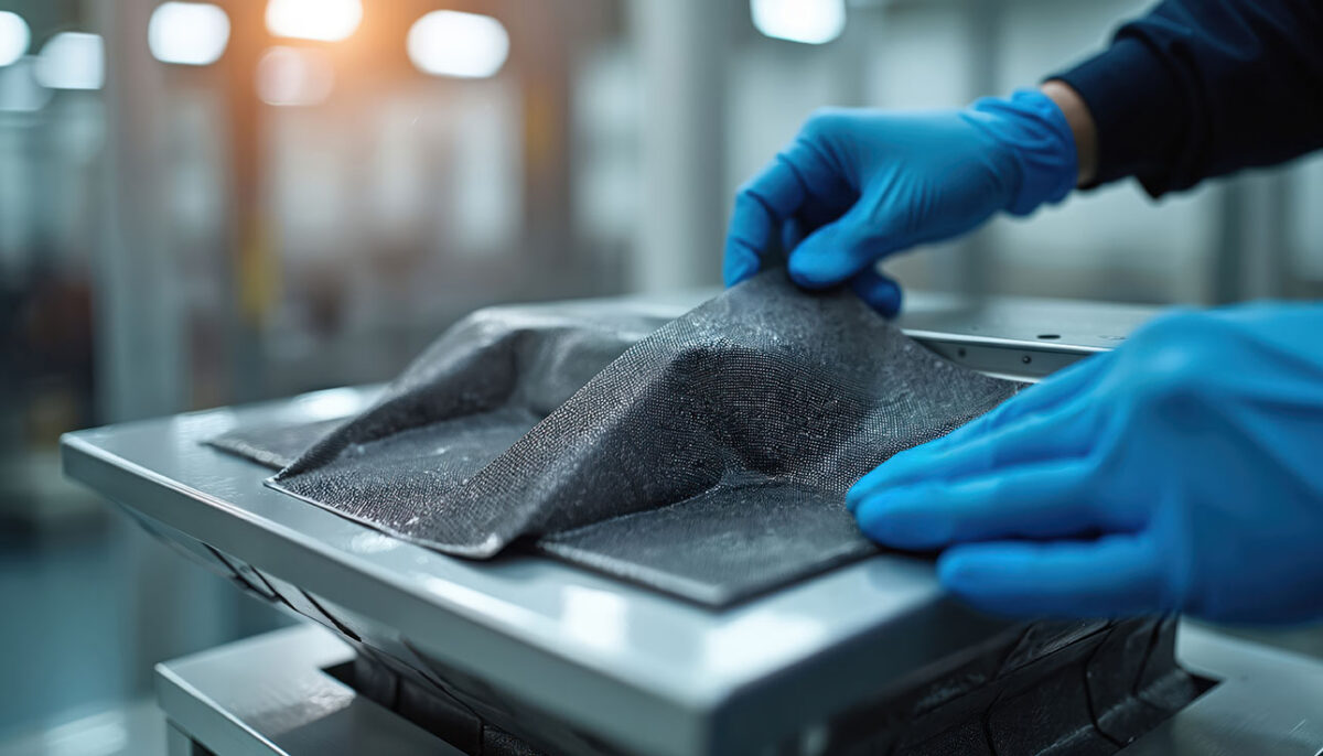 Carbon fiber fabric layup in an industrial composite manufacturing facility. Each ply placement demands precision tooling, controlled environments, and skilled labor- costs that define who can compete in the lightweighting market.