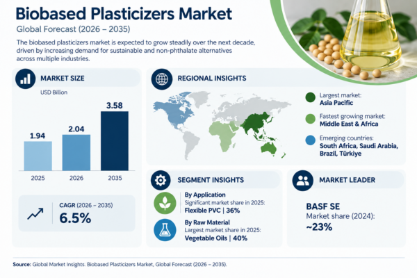 The bio-based plasticizers market grows from USD 1.94 billion in 2025 to a 6.5% CAGR through 2035. That trajectory masks a persistent cost gap; bio-based alternatives still carry 20 to 50% raw material premiums over petrochemical equivalents.Source: Global Market Insights, “Biobased Plasticizers Market, Global Forecast (2026–2035).” Data visualization recreated by Plastics Engineering.