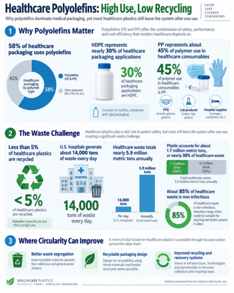 Infographic showing the use of polyolefins in medical packaging and healthcare consumables, and the recycling gap facing the healthcare sector. Credit: Plastics Engineering.