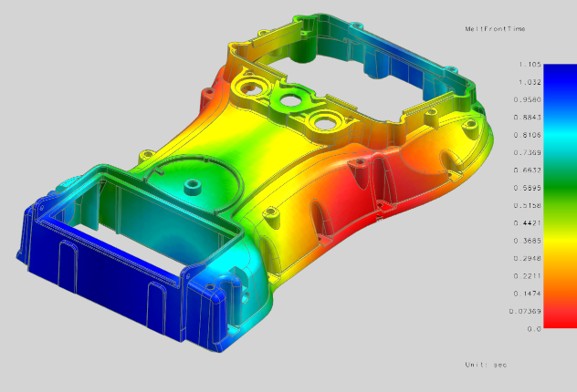 Melt-front-time simulation shows how flow develops across the cavity during injection molding. Courtesy Moldex 3D.