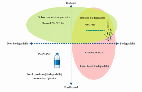 Biobased and biodegradable plastics describe different material characteristics, with polymer origin and end-of-life behavior defining distinct categories. Based on general knowledge; image generated with AI.