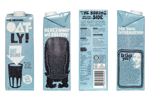 Oatly announces its regulatory panel as "The Boring (but very important) Side" and invites readers to turn the carton, converting a legal obligation into tone of voice. Design by Forsman & Bodenfors.