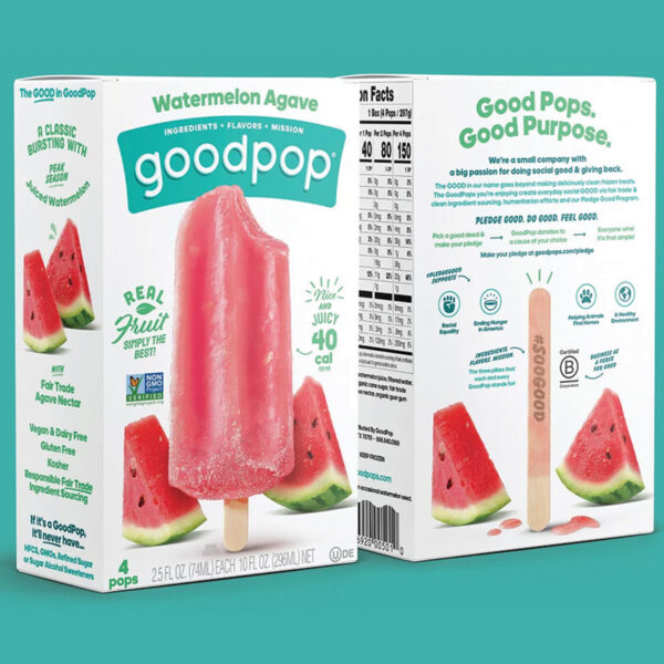 GoodPop reserves the back of the box for its Pledge Good program, with a consumed pop stick echoing the intact pop pictured on the front. Design by Interact Brands.