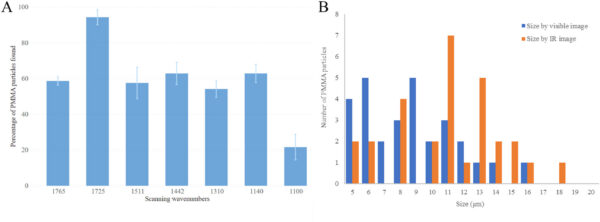 Percentage of PMMA particles found at different wavenumbers. B: Size of particles determined by visible (blue) and IR (Orange) images. A wavenumber of 1725 cm−1 and high sensitivity was used for particle scanning, and the chemical identification of PMMA particles was confirmed by the IR spectra. Courtesy of Discrete frequency infrared-guided image for microplastic analysis: Performance and limitations.