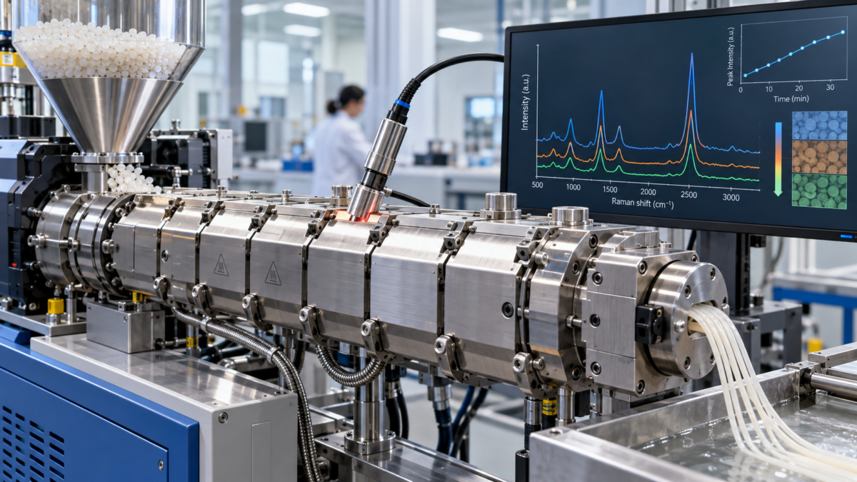 In-line Raman spectroscopy can track material changes during extrusion in real time, complementing traditional process parameters with direct insight into polymer behavior. Image generated with AI for Plastics Engineering magazine.