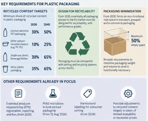 Key PPWR milestones and requirements shaping packaging design, materials and market compliance across the EU. AI-generated graphic.